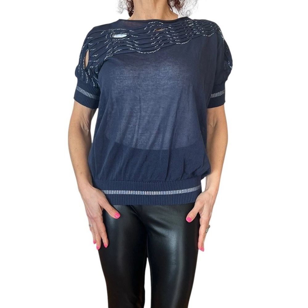 OBLIQUE  CREATIONS ITALY NAVY BLUE KNIT SWEATER  CUT OUT SHORT SLEEVE 00 ONE SIZ